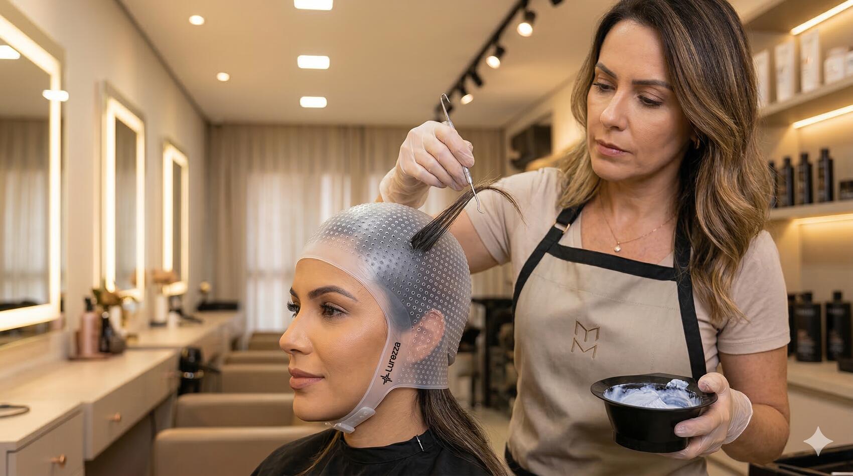 Colorista aplicando mechas com touca Lurezza